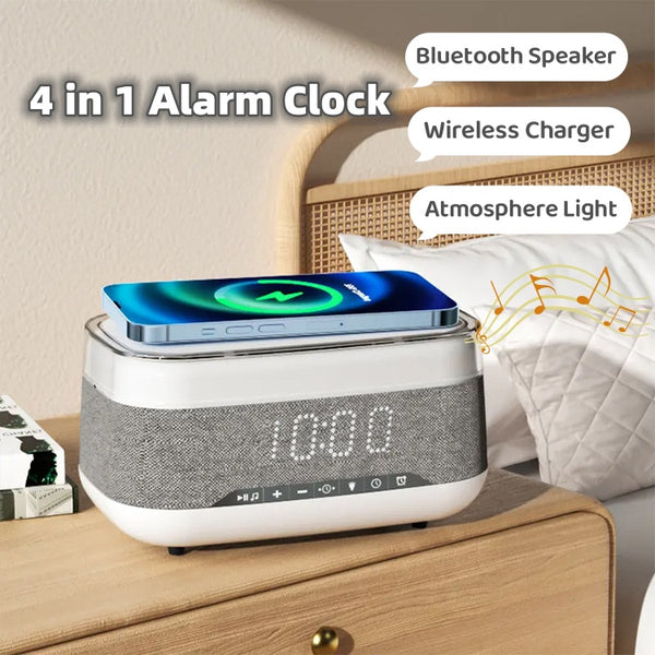 Smart Alarm Clock with Bluetooth Speaker, Wireless Fast Charger & LED Night Light – Multifunctional Home Decor Clock