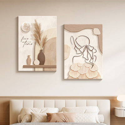 Cream Toned Abstract Line Art Mural – Minimalist Wall Decor with Modern Character Design