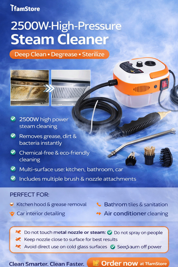 2500W High-Pressure Steam Cleaner – Multi-Purpose Home & Car Steam Cleaning Machine with Sterilization (220V)