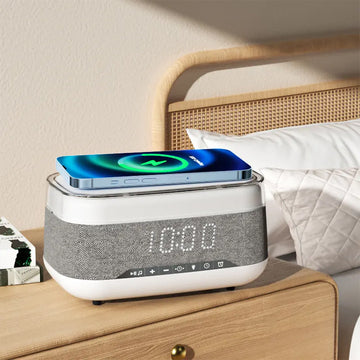 Smart Alarm Clock with Bluetooth Speaker, Wireless Fast Charger & LED Night Light – Multifunctional Home Decor Clock