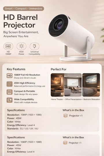 1080p HD Barrel Projector – Compact, Energy-Efficient, Perfect for Home, Office & Bedroom